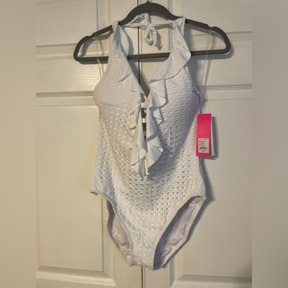 NWT NEVIS HALTER RESORT WHITE CROCHET SWIMSUIT, SZ 14